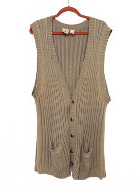Vintage Cambridge Classics Long Sleeveless Cardigan Vest Large Tan Ribbed Knit